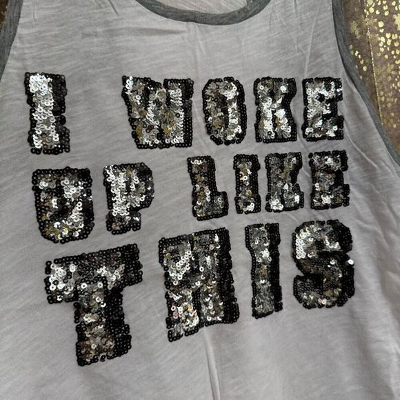 PINK Victorias Secret White Silver Black Sequin Bling Woke Up Tank Medium - Picture 3 of 5